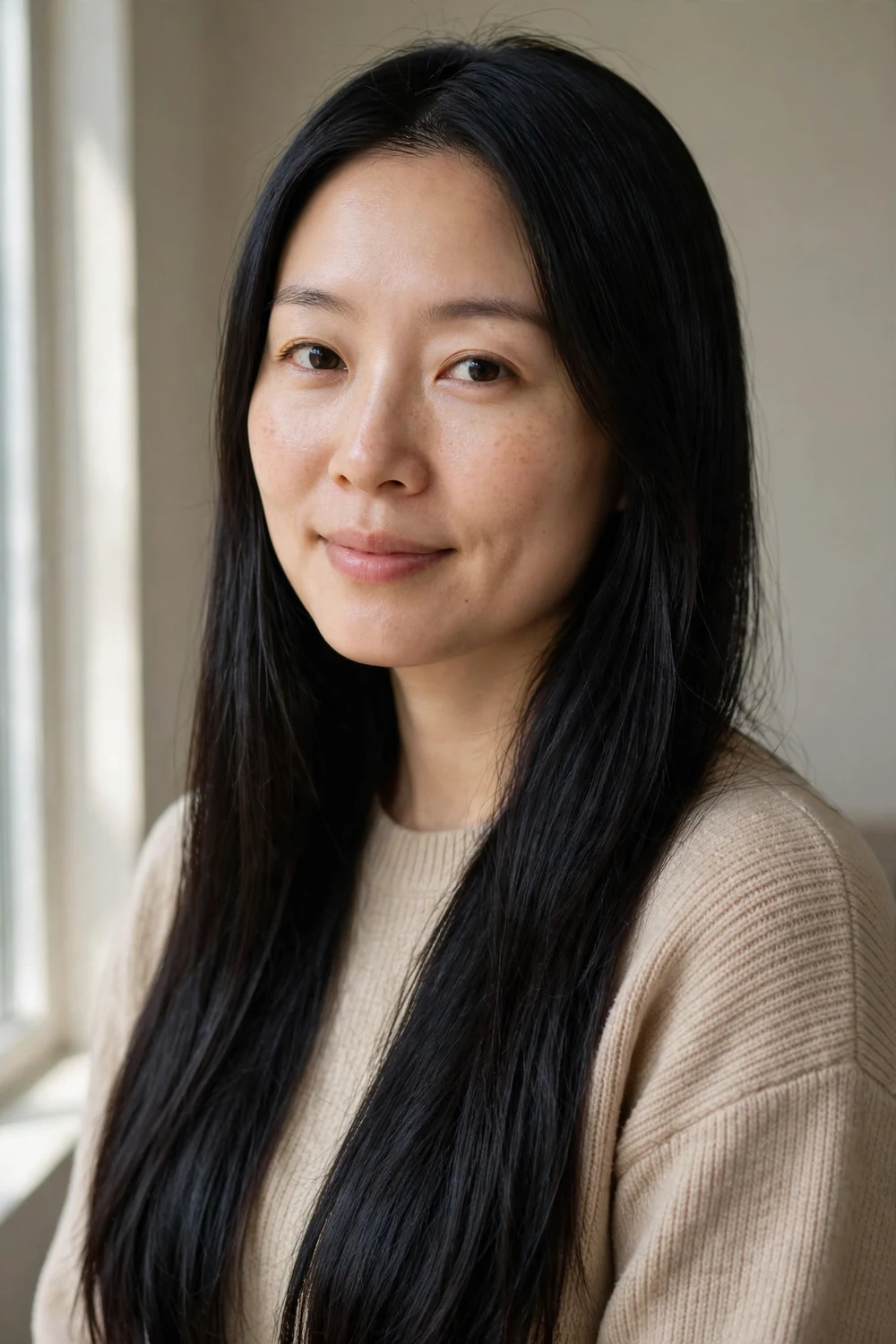 Woman with glossy jet black long straight hair