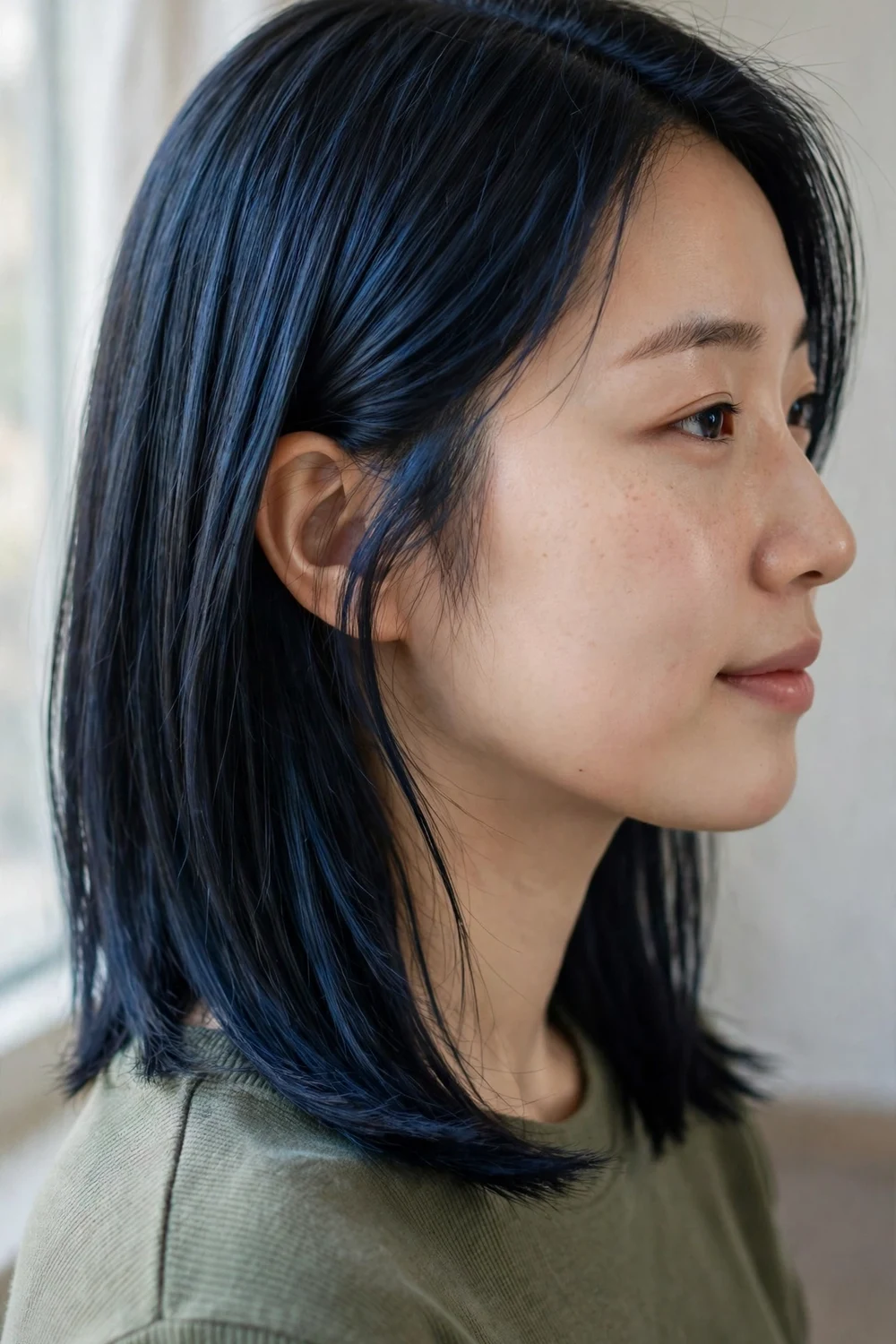 Woman with blue-black sleek lob haircut