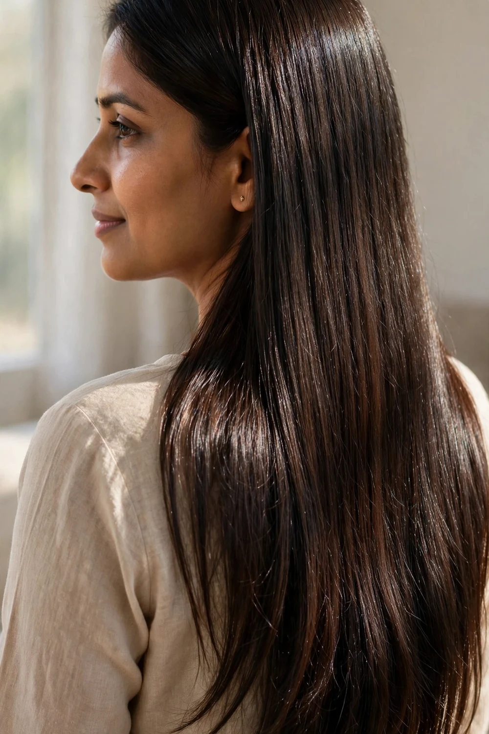 Woman with glossy dark espresso brown long straight hair