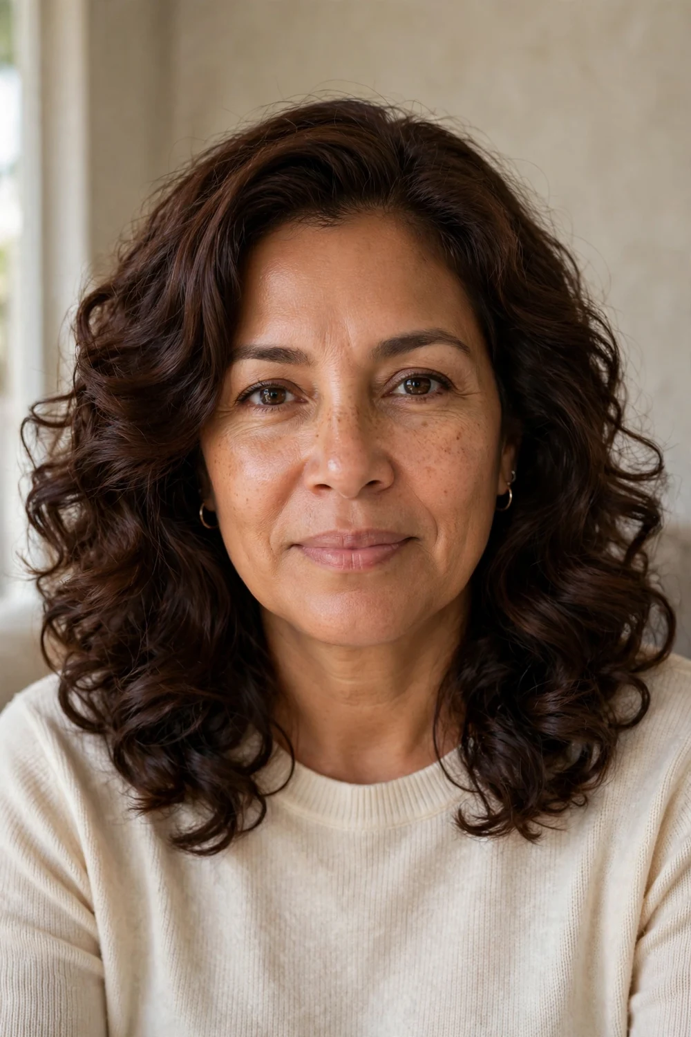 Woman with rich chocolate brown medium-length curly hair