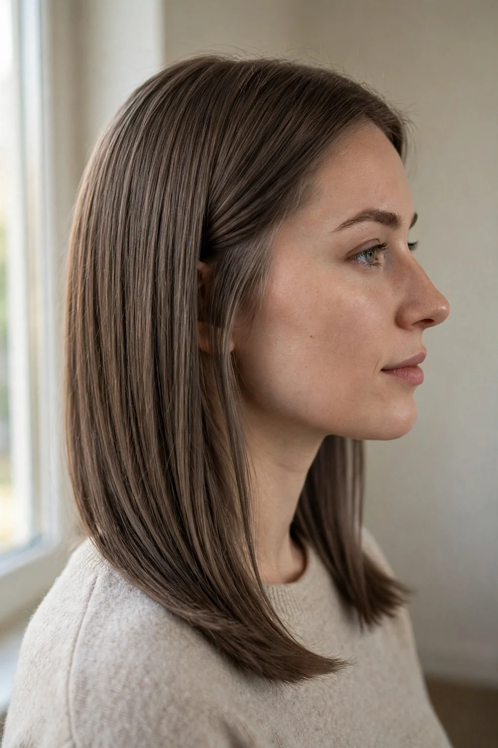 Woman with cool ash brown straight shoulder-length hair
