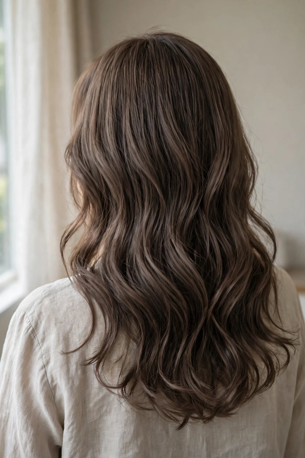 Woman with cool mocha brown long wavy hair