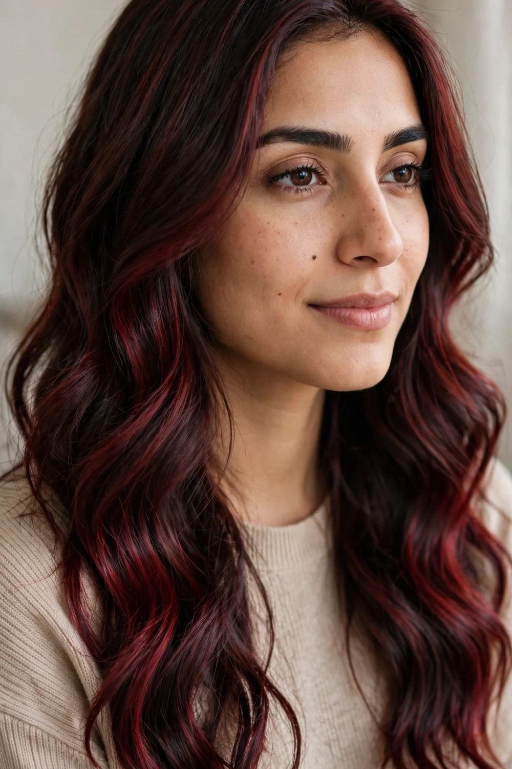 Woman with cherry cola hair, dark brunette with red tones, long waves