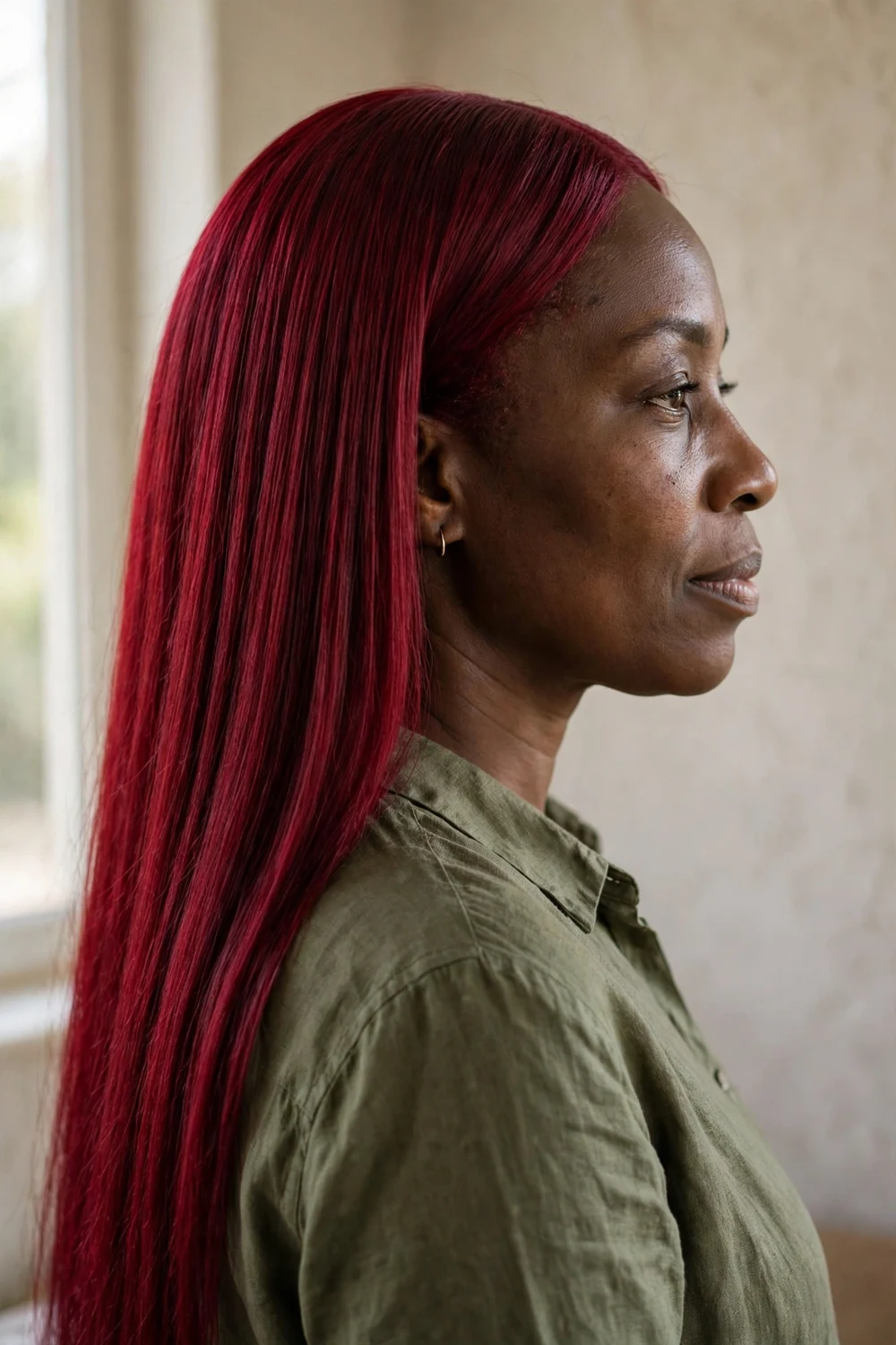 Woman with vivid burgundy red long straight hair
