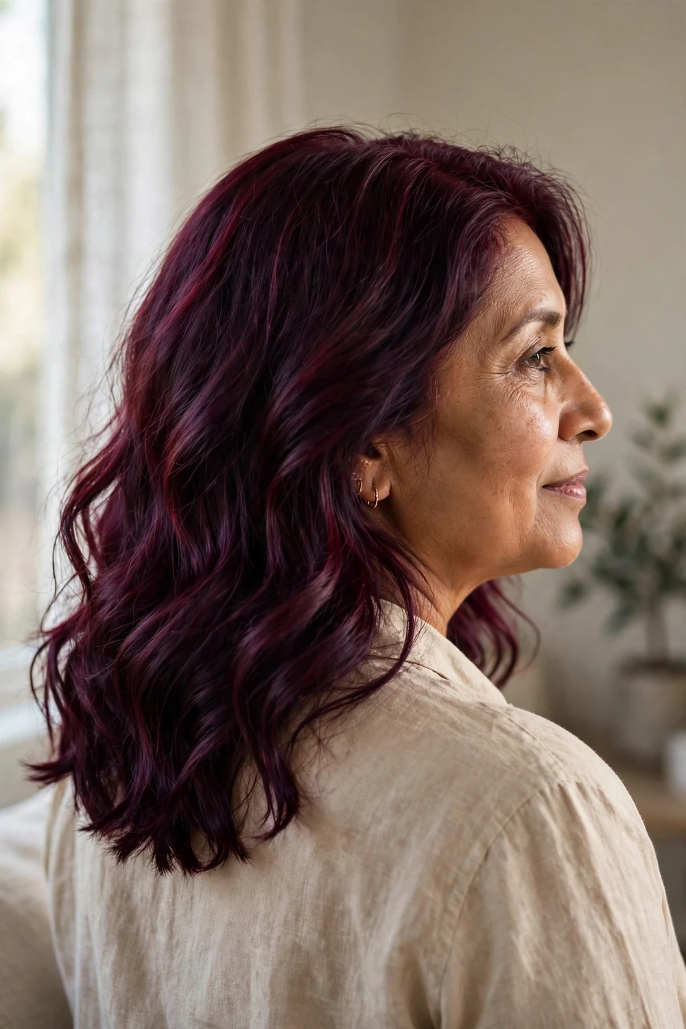 Woman with deep wine red and plum medium-length wavy hair