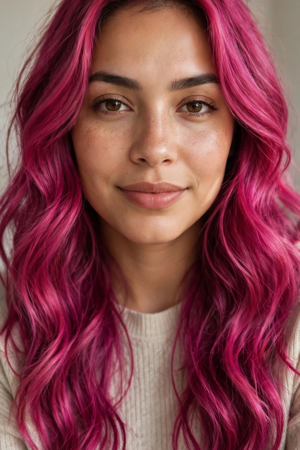 Woman with magenta and berry pink long wavy hair