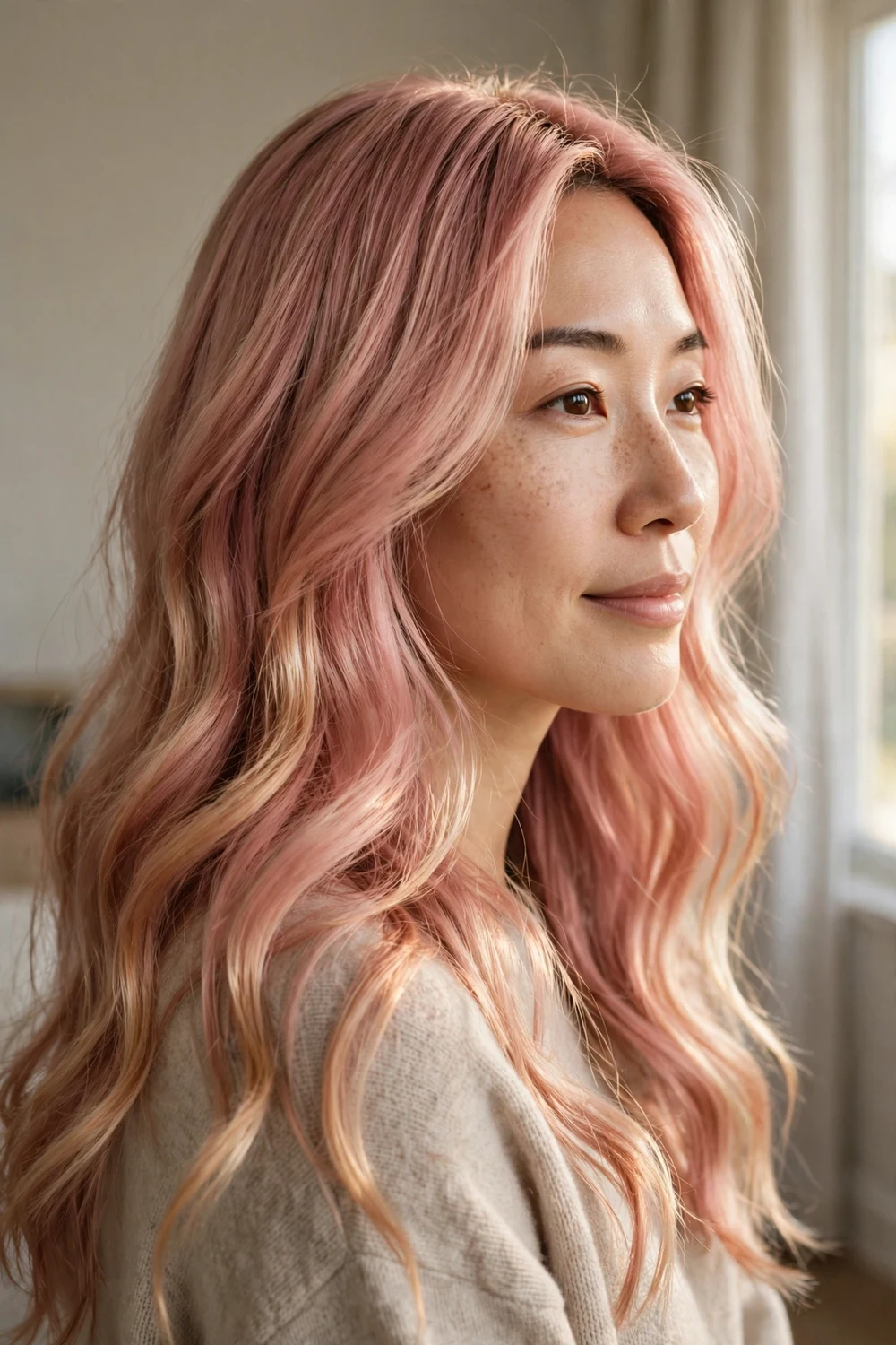 Woman with rose gold pink-blonde long wavy hair