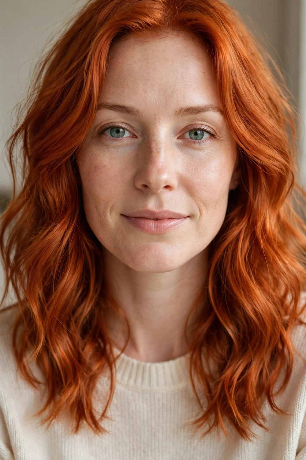 Woman with bright luminous copper red medium-length wavy hair