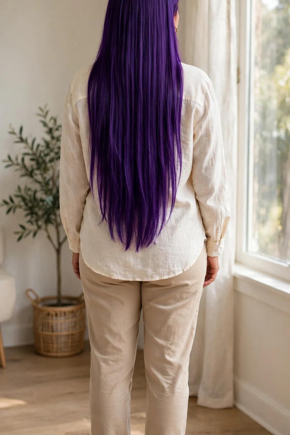Woman with deep violet purple long straight hair