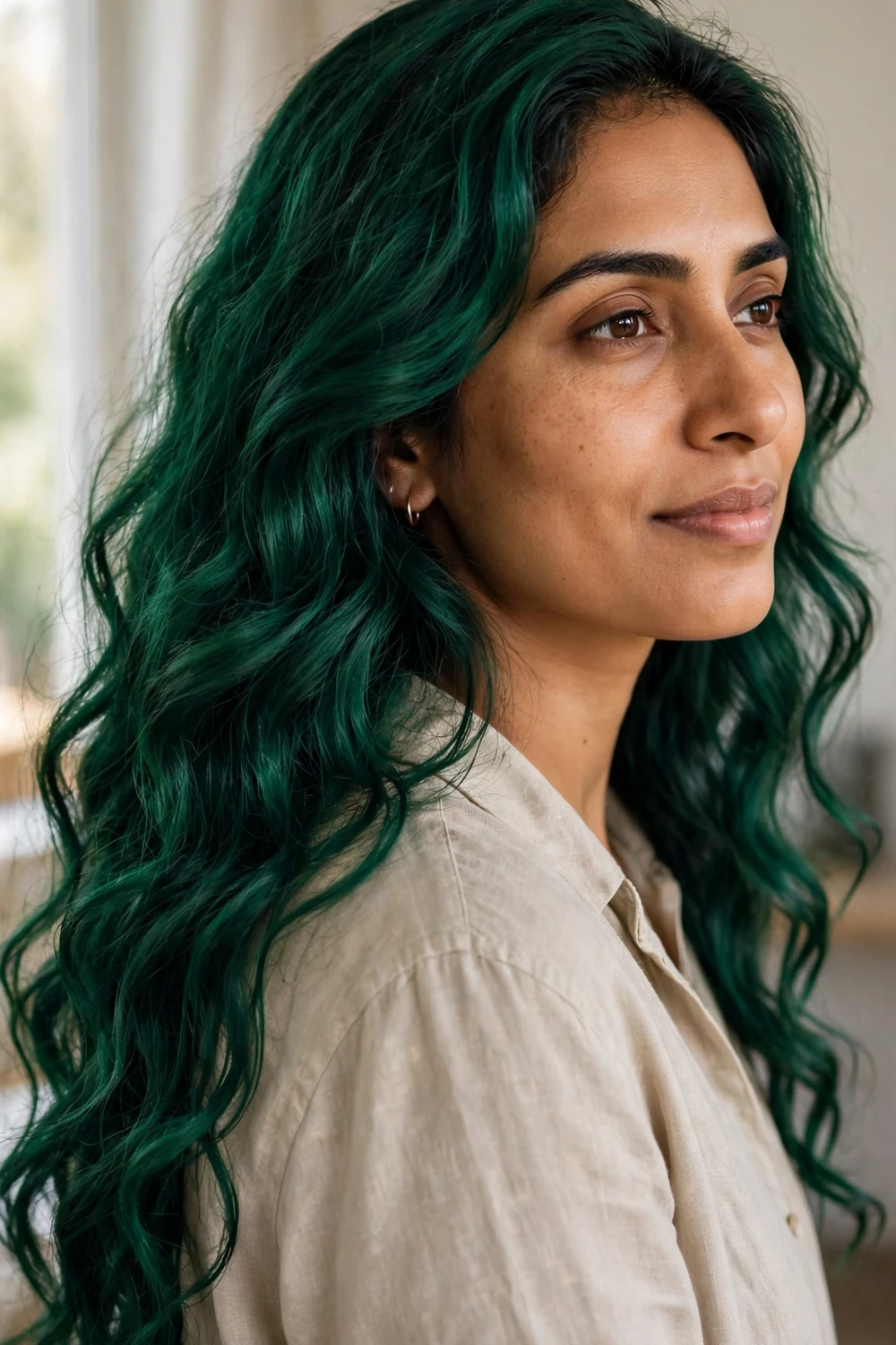 Woman with deep emerald green long wavy hair