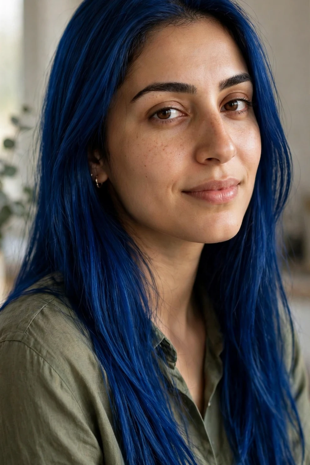 Woman with deep sapphire blue long straight hair