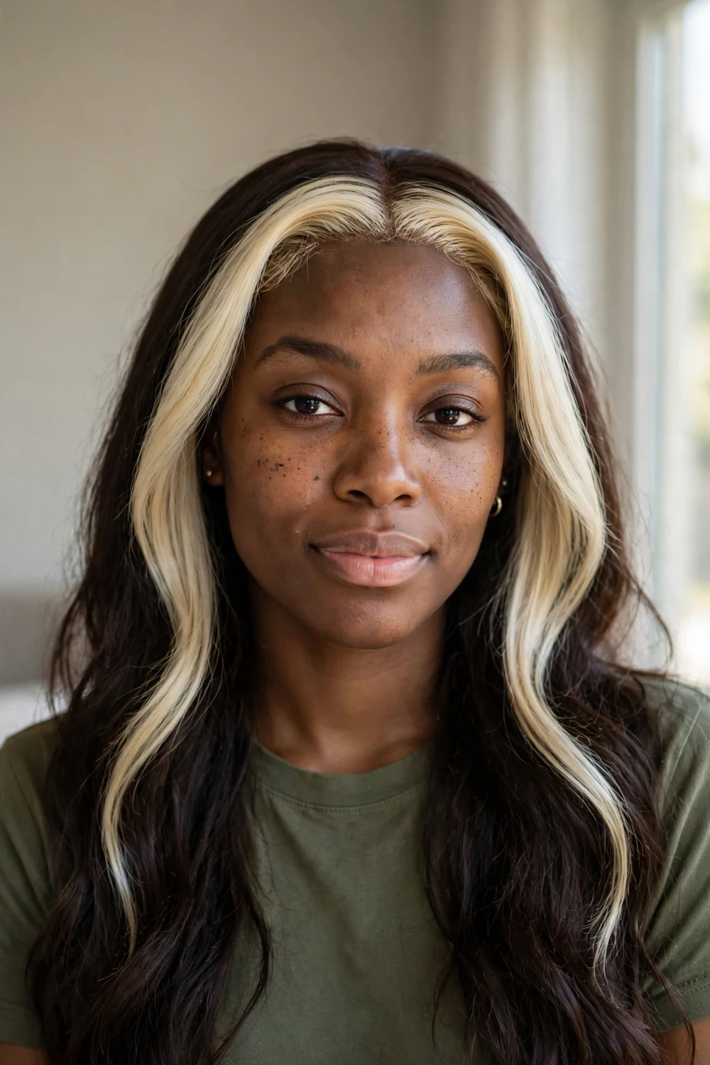 Woman with dark brown hair featuring icy blonde face-framing money piece highlights