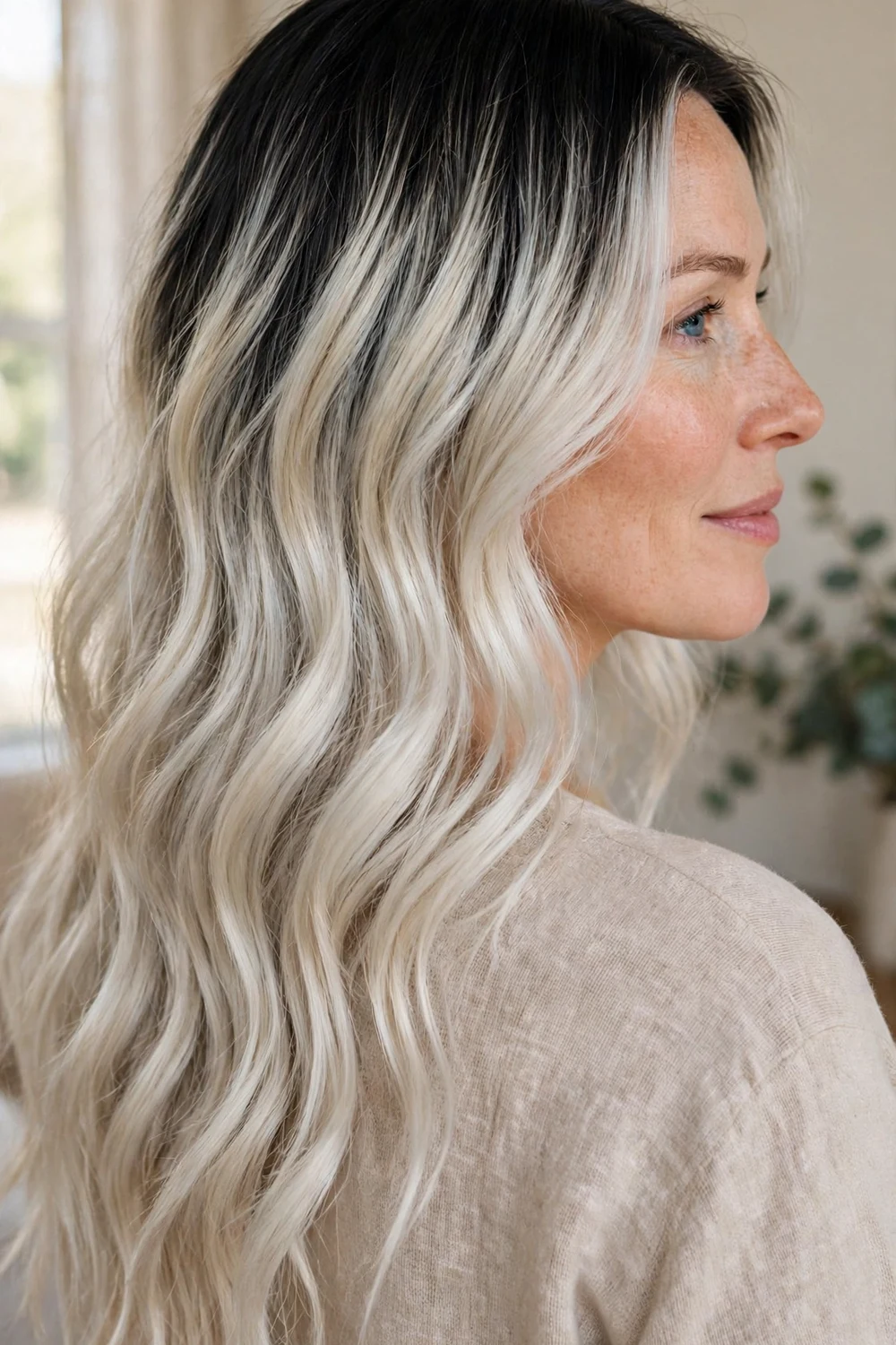 Woman with jet black roots melting into icy platinum blonde balayage on long wavy hair