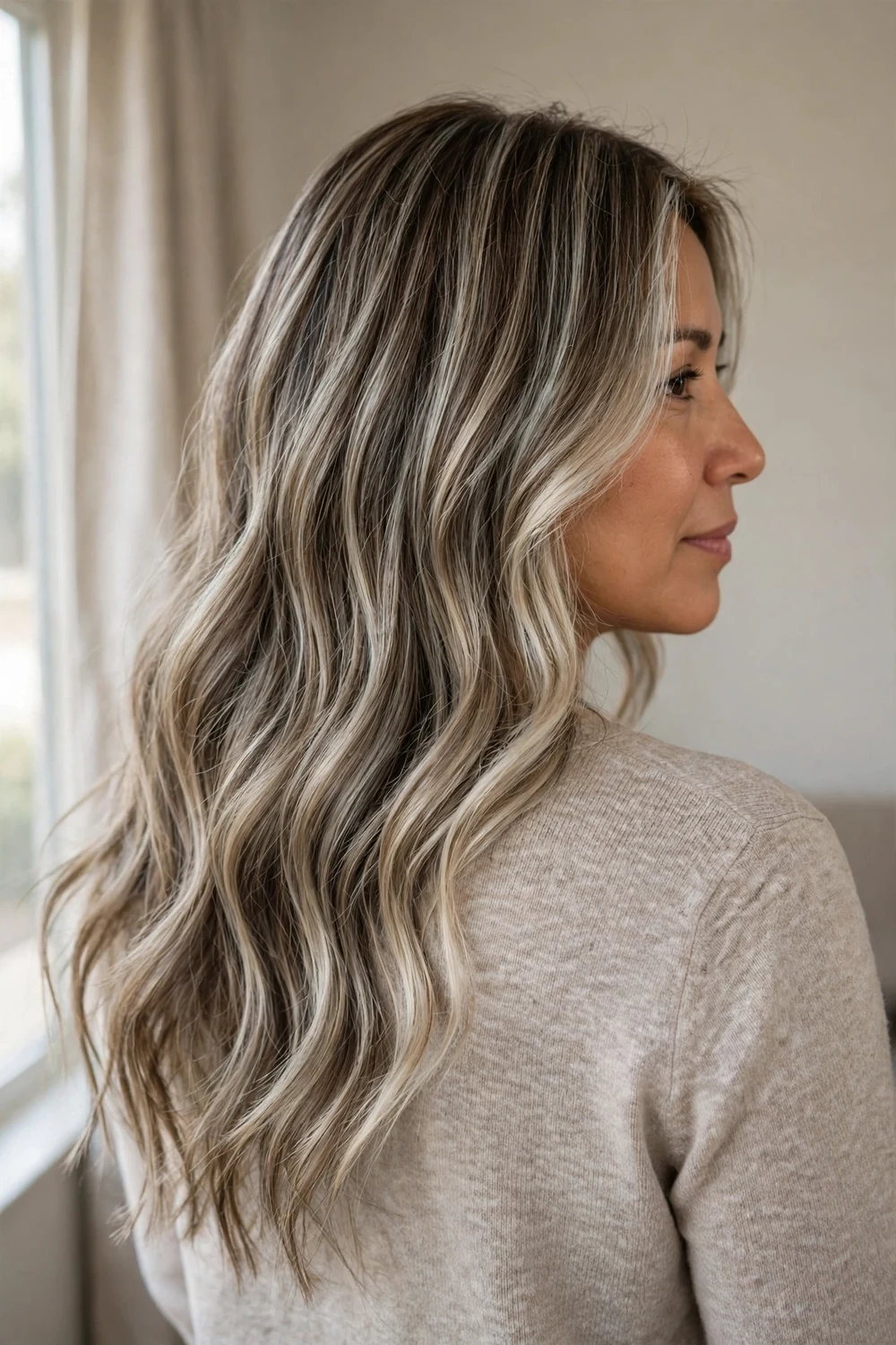 Woman with cool ash blonde balayage highlights on medium ash brown wavy hair