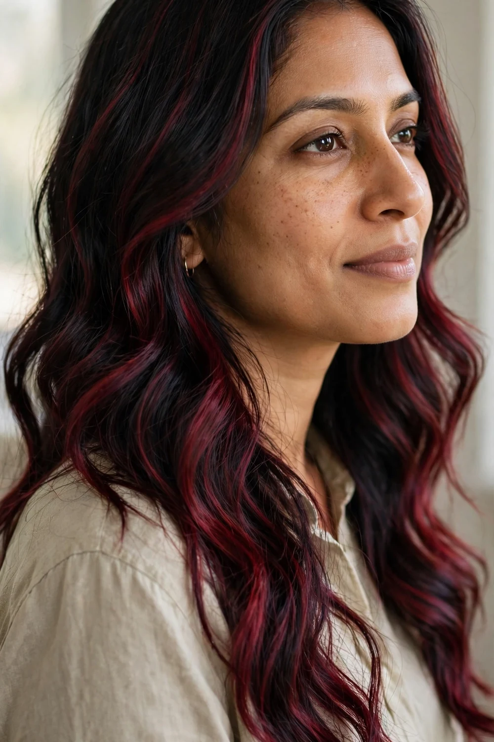 Woman with burgundy wine red balayage on black long wavy hair