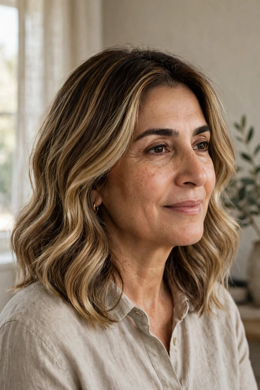 Woman with bronde balayage, blended brown and blonde color on long hair