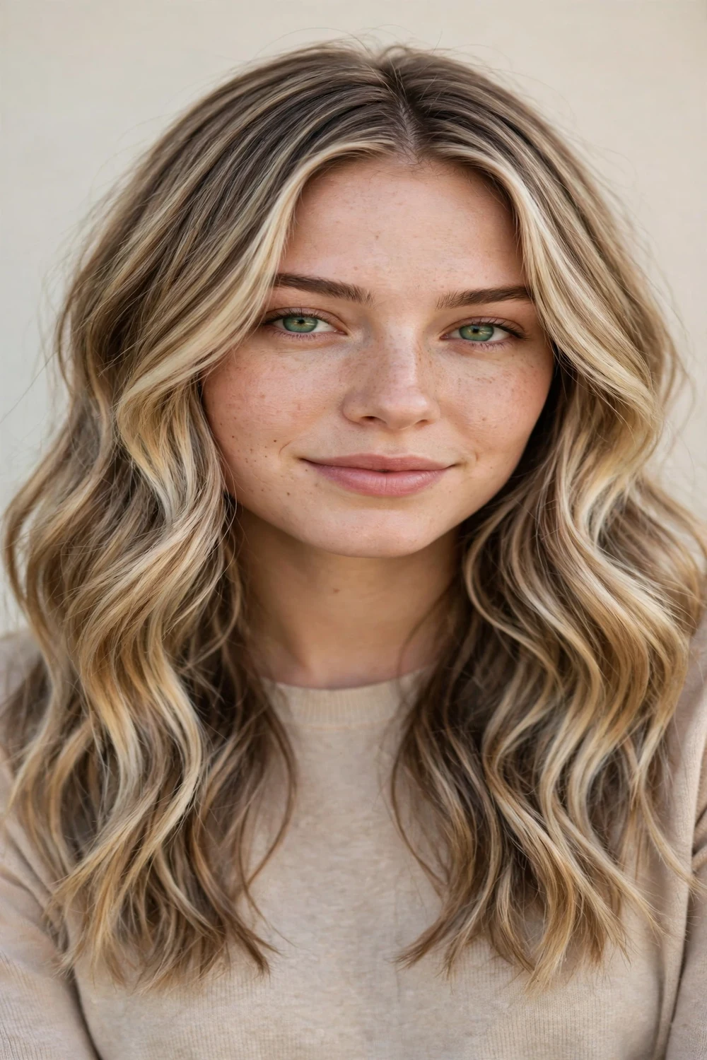Woman with bronde full balayage, brown-blonde blend