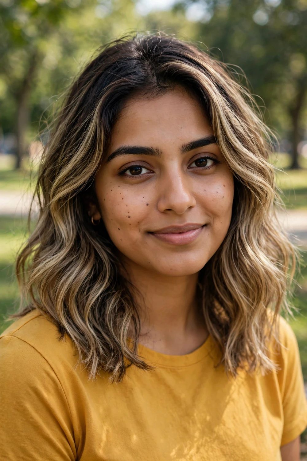 South Asian woman in her mid 20s with medium-length wavy hair in a bronde blend of brown and blonde highlights on a dirty blonde base