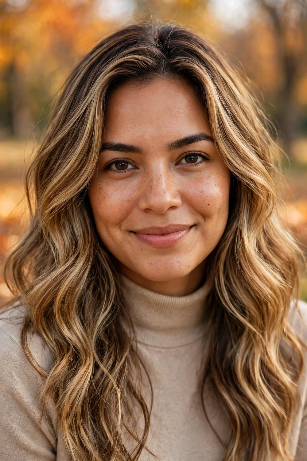 Honey bronde hair with golden ribbons through a brunette base