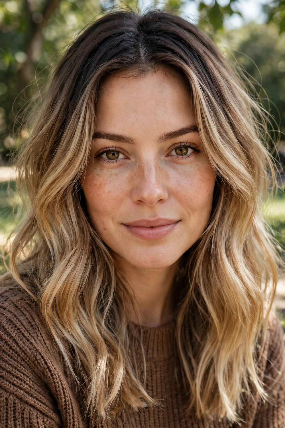 Bronde hair with dark roots fading into lighter ends