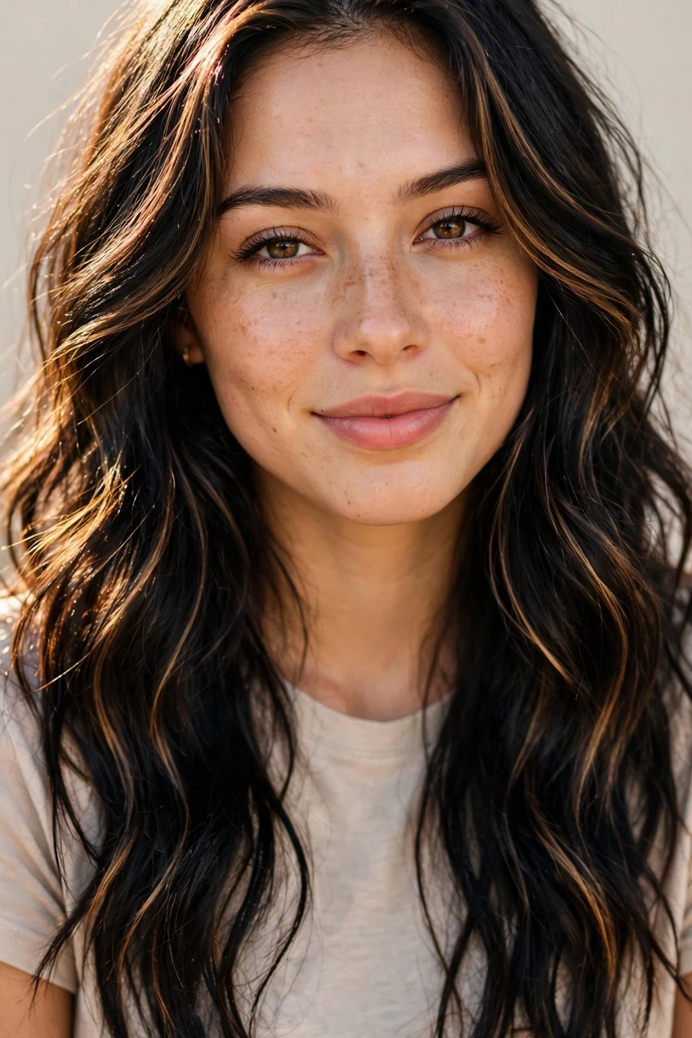 Woman with long black wavy hair threaded with bronze-brown highlights