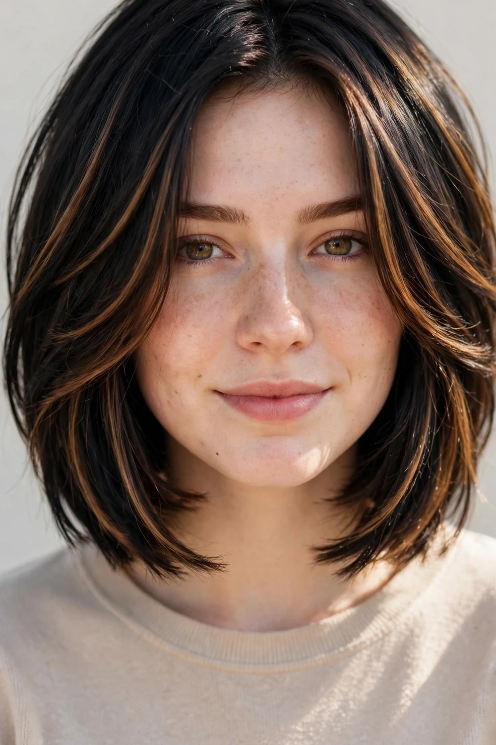 Woman with a chin-length layered black bob and warm brown highlights defining the layers