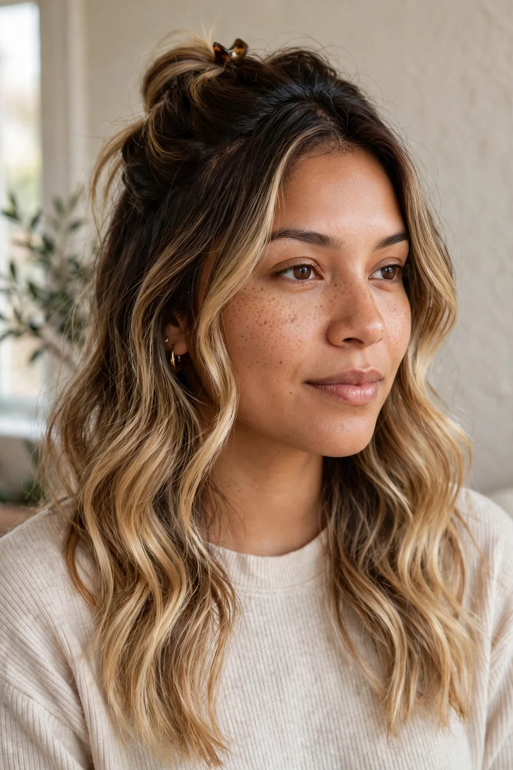 Woman with brown to blonde balayage waves styled half-up