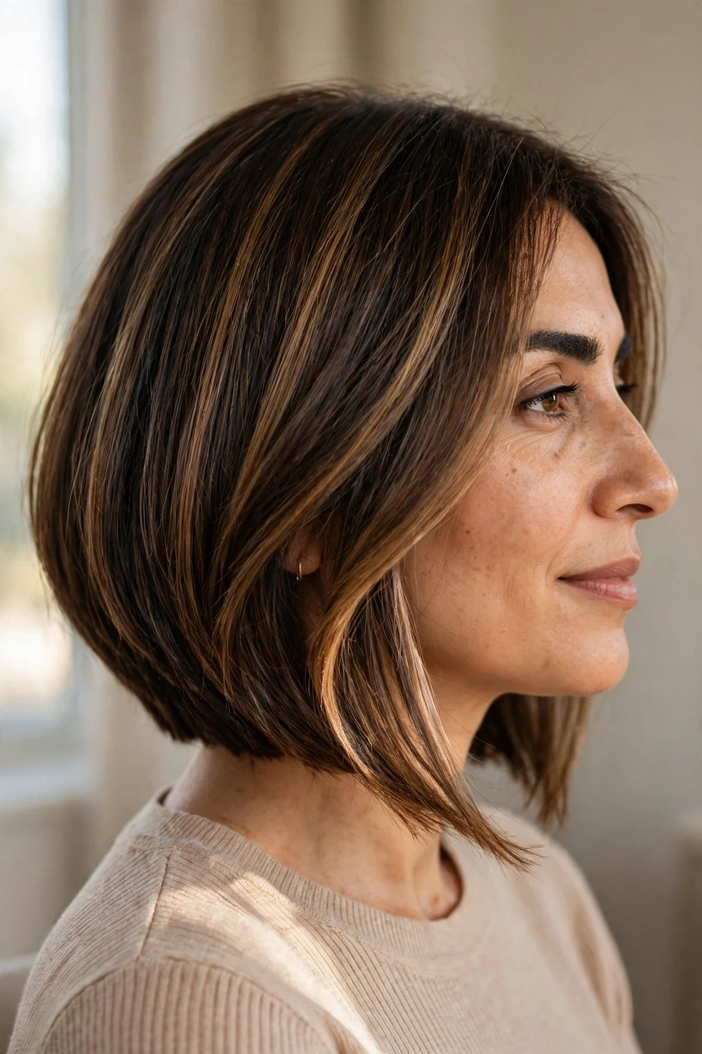 Brunette A-line bob with warm caramel highlights