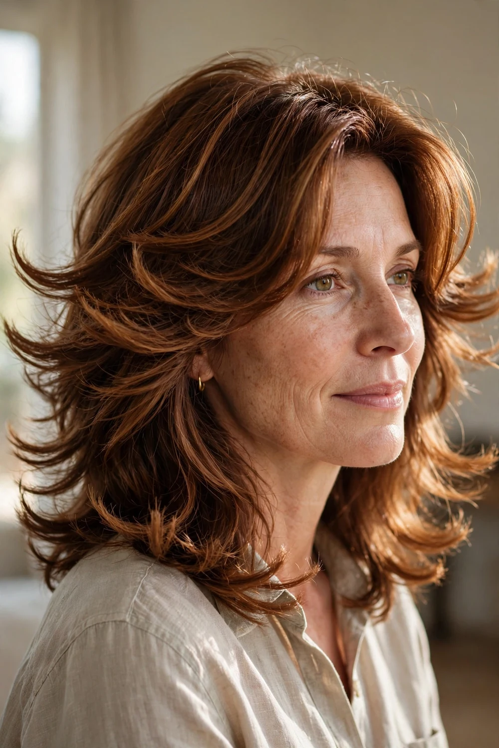 Feathered layered cinnamon brunette hairstyle with flipped ends