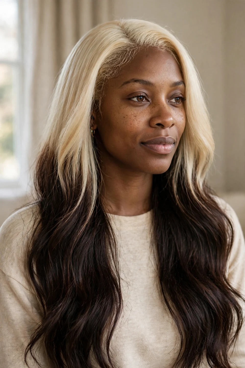 Brunette from blonde espresso dip dye two-tone hair