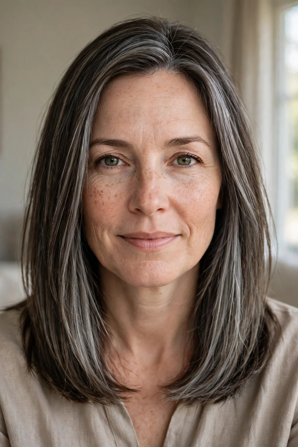 Medium-length straight brunette hair with silver grey balayage highlights
