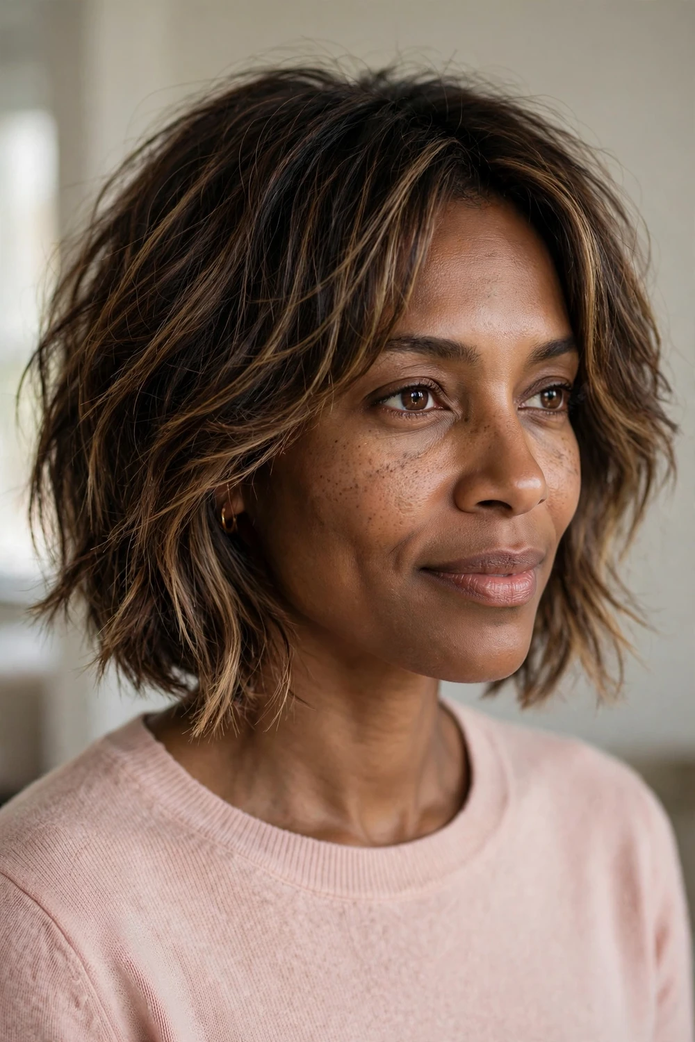 Brunette shag bob with highlighted choppy layers and bangs