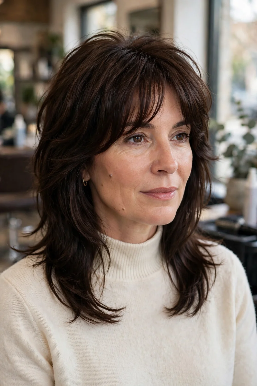 Brunette wolf cut hairstyle with rich brown layers and curtain bangs