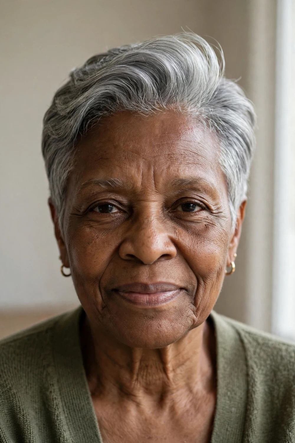 Front view of a brushed-back pixie on a woman over 50 with thin grey hair