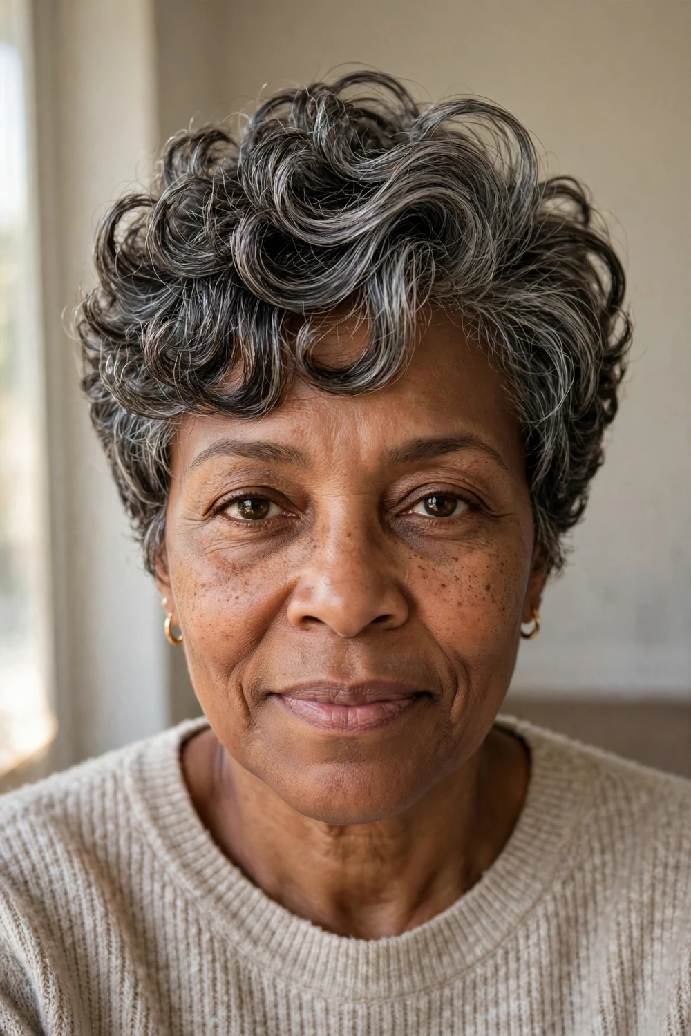 Woman over 50 with a brushed forward curly pixie, curls styled forward for volume
