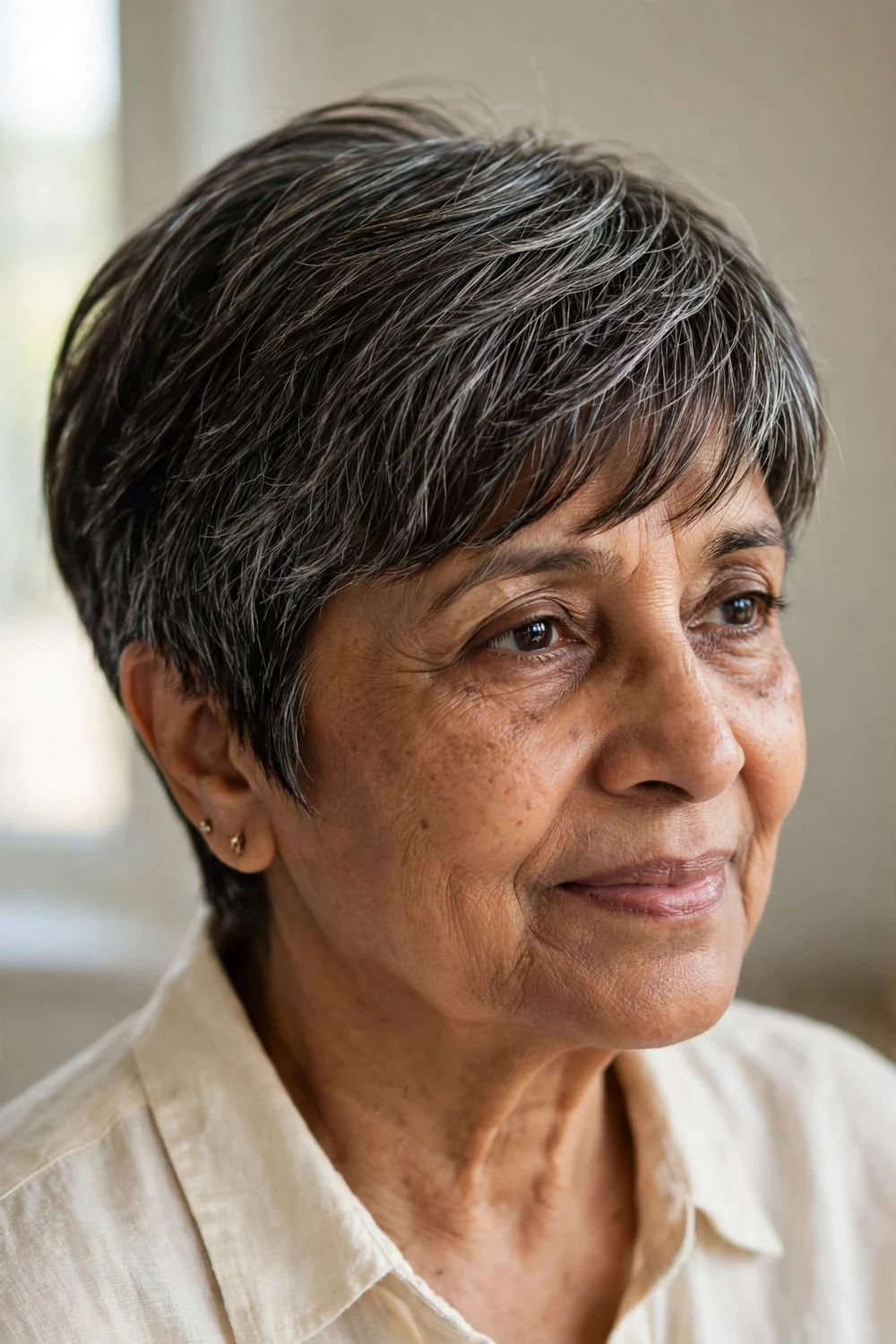 Woman over 60 with pixie cut with layers brushed forward from the crown