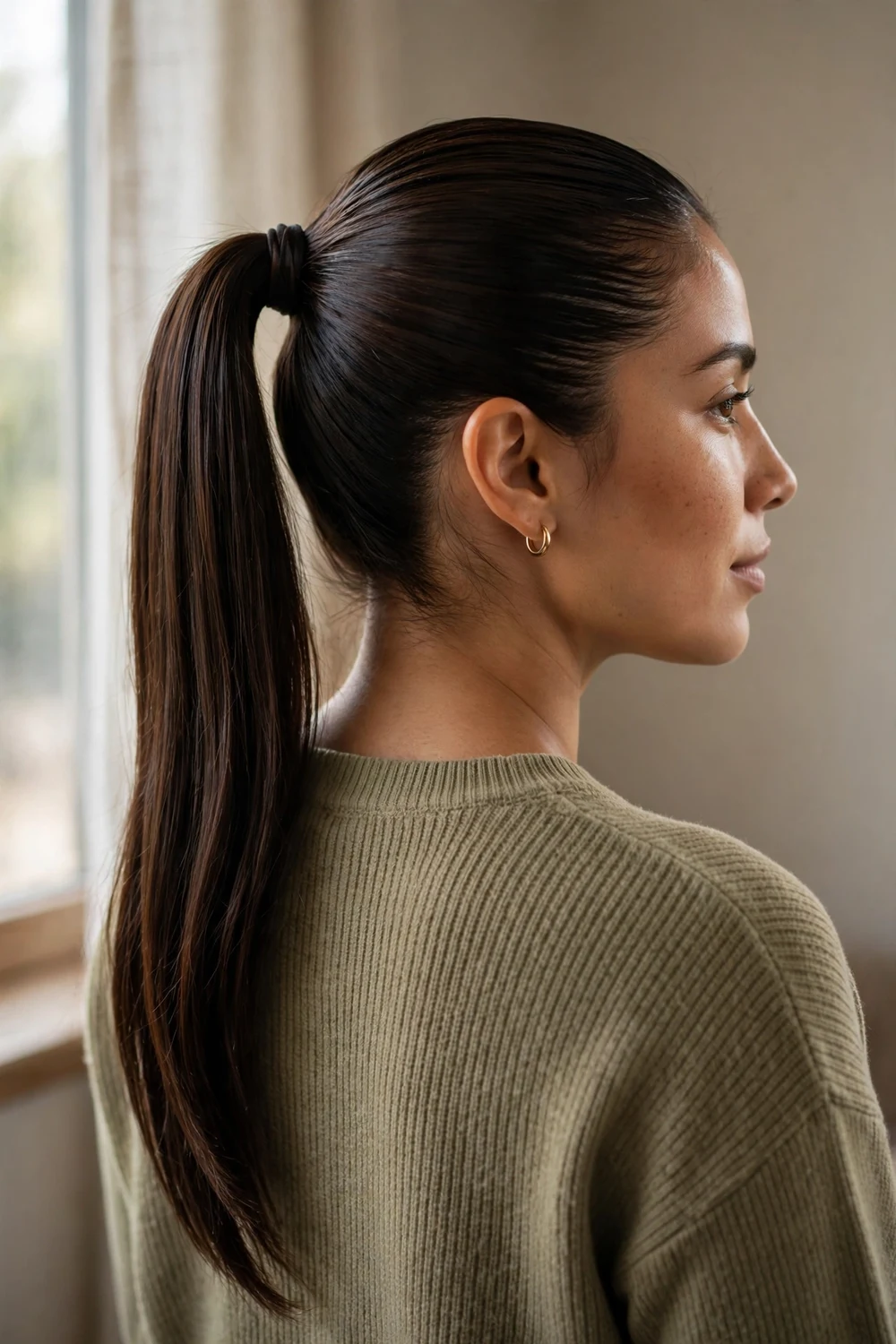 Woman with a slicked-back high ponytail, a classic basketball hairstyle for women
