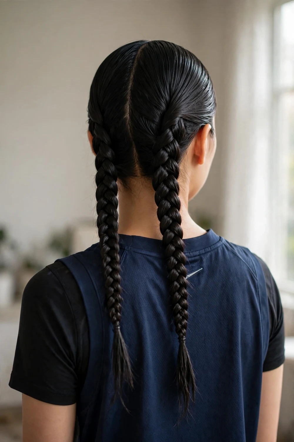 Woman with hair slicked back into two long braids for basketball