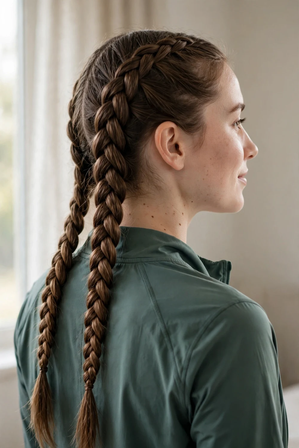 Woman wearing double French braids, a secure basketball hairstyle for women
