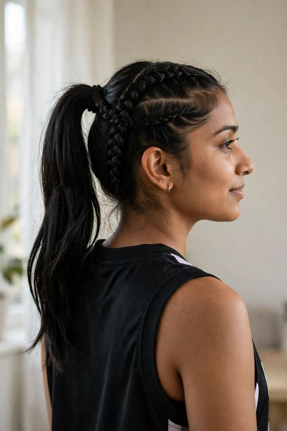 Woman with two braids pulled back into a high ponytail for basketball