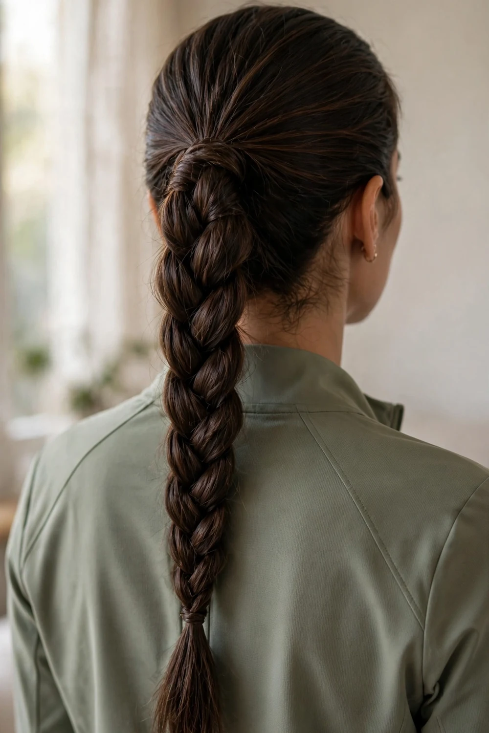 Woman with a long braided ponytail for basketball