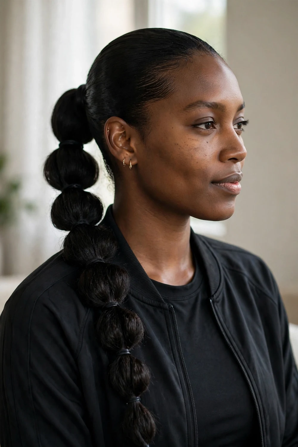Woman with a slicked-back bubble braid ponytail for basketball