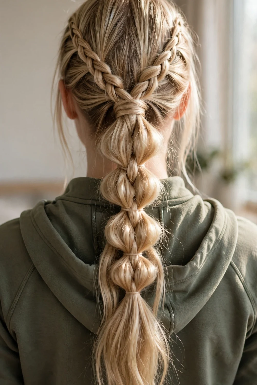 Woman with two braids merging into a bubble braid for basketball