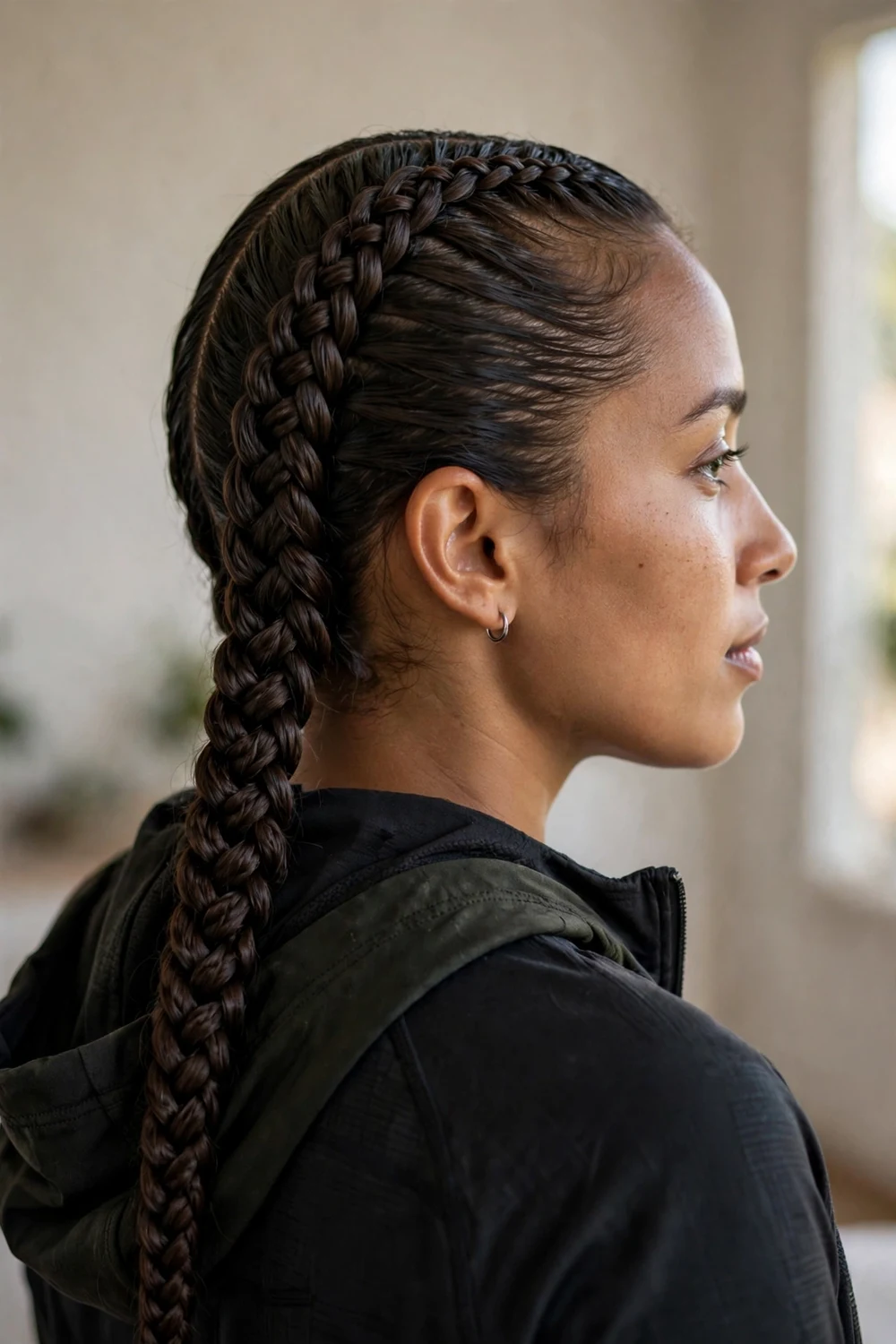 Woman with a slicked-back dragon braid hairstyle for basketball