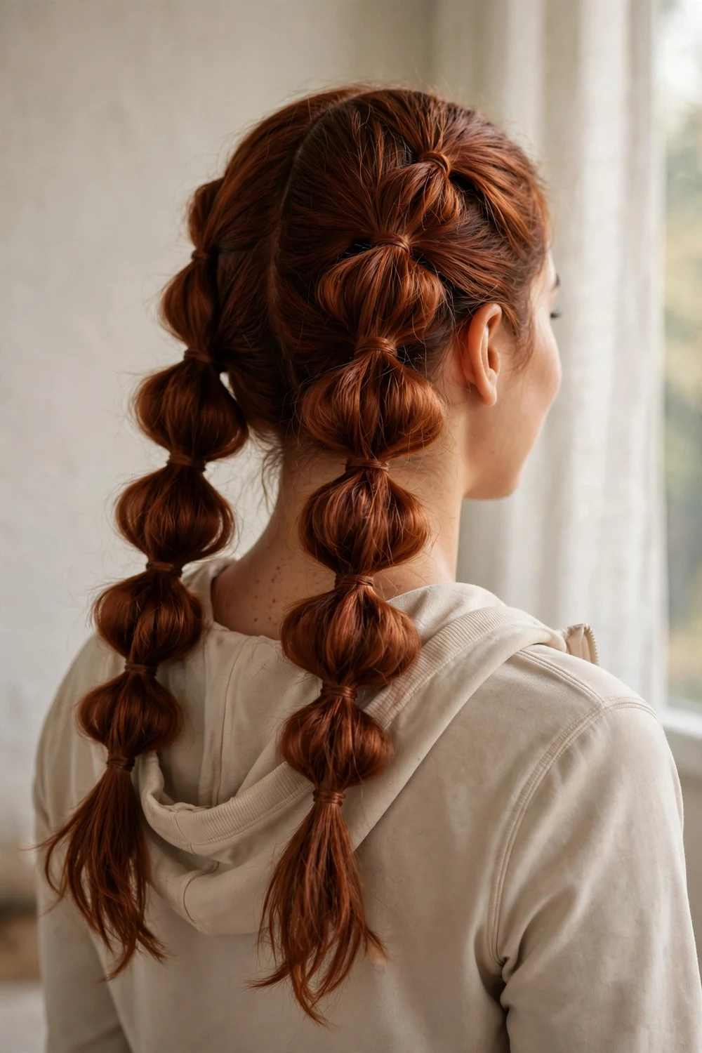 Woman with double bubble braid pigtails for basketball