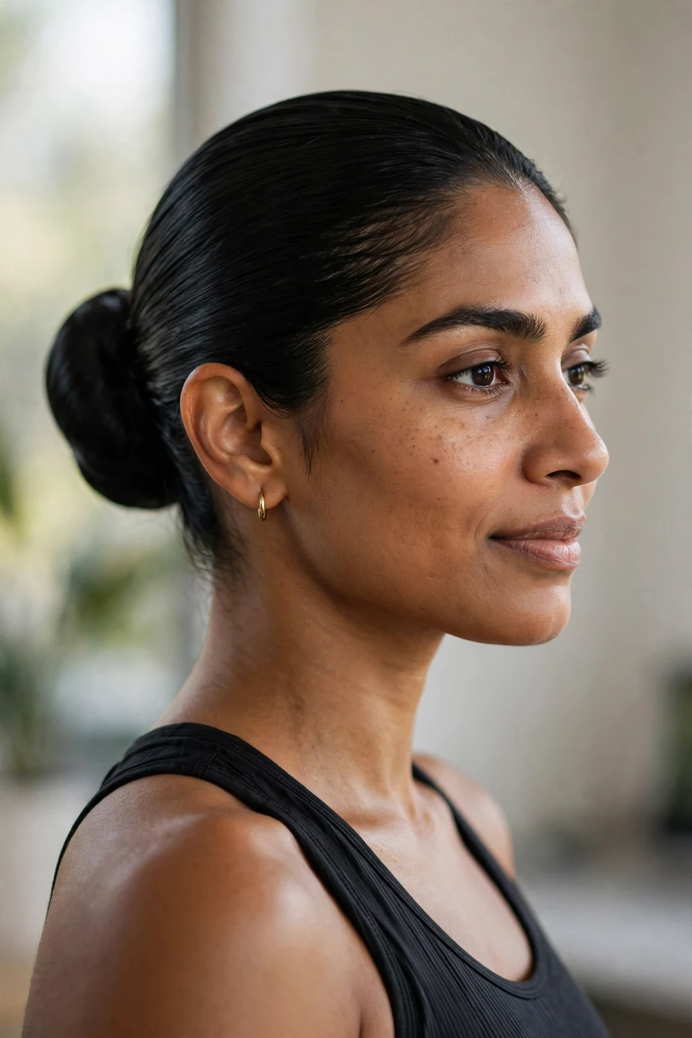 Woman with a slicked-back sleek bun for basketball