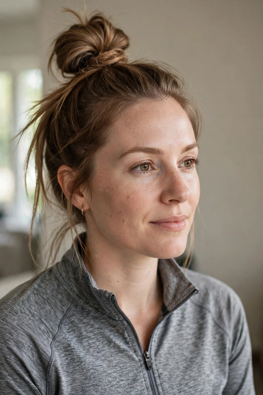 Woman with a high top knot hairstyle for basketball