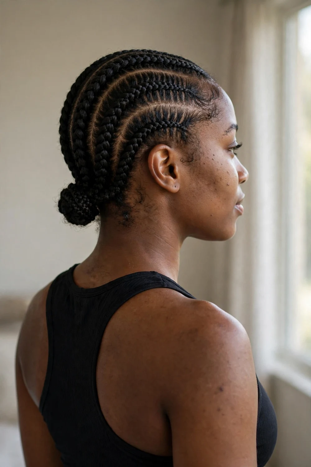 Woman with neat cornrows, a protective basketball hairstyle for women