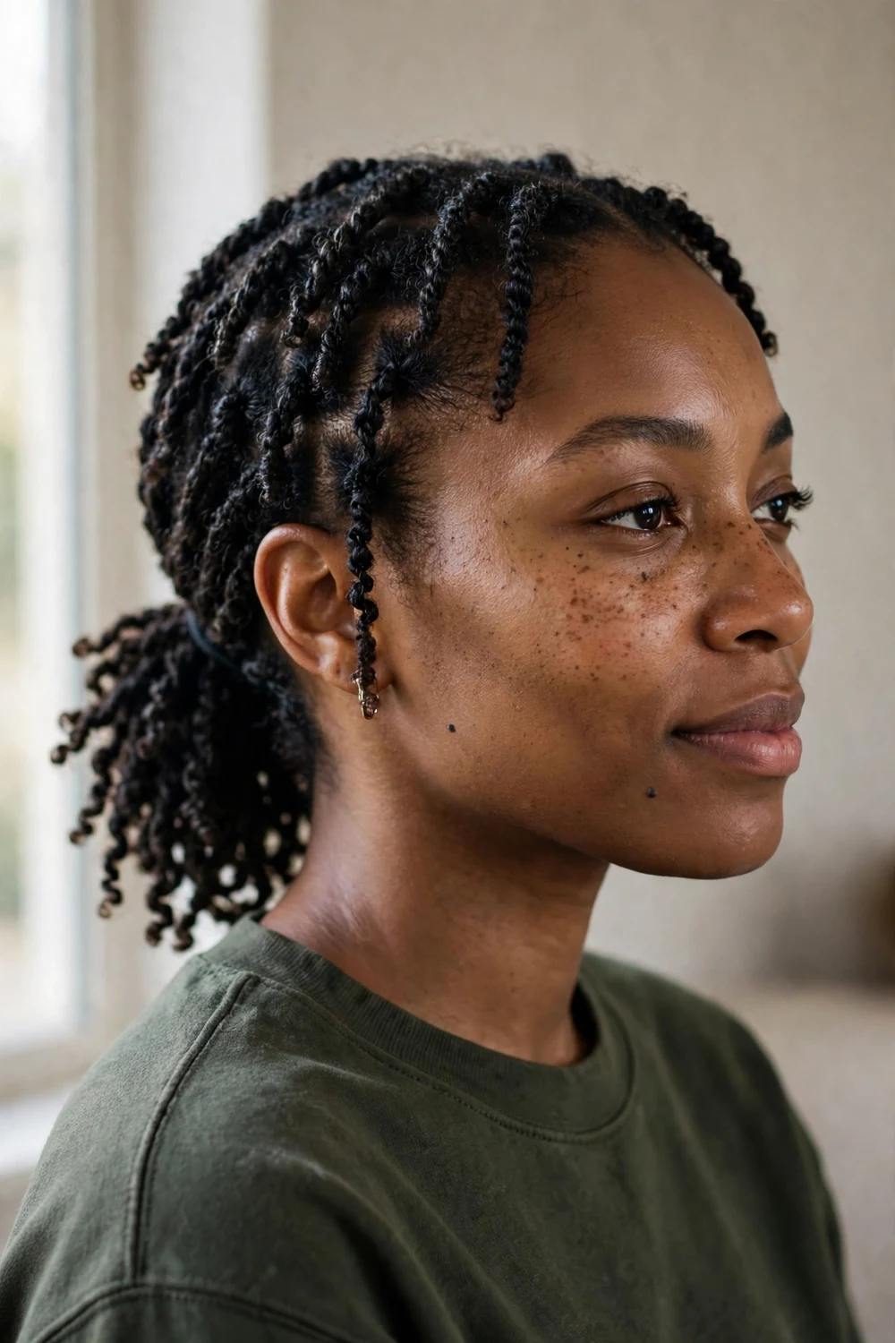 Woman with mini twists gathered into a ponytail for basketball