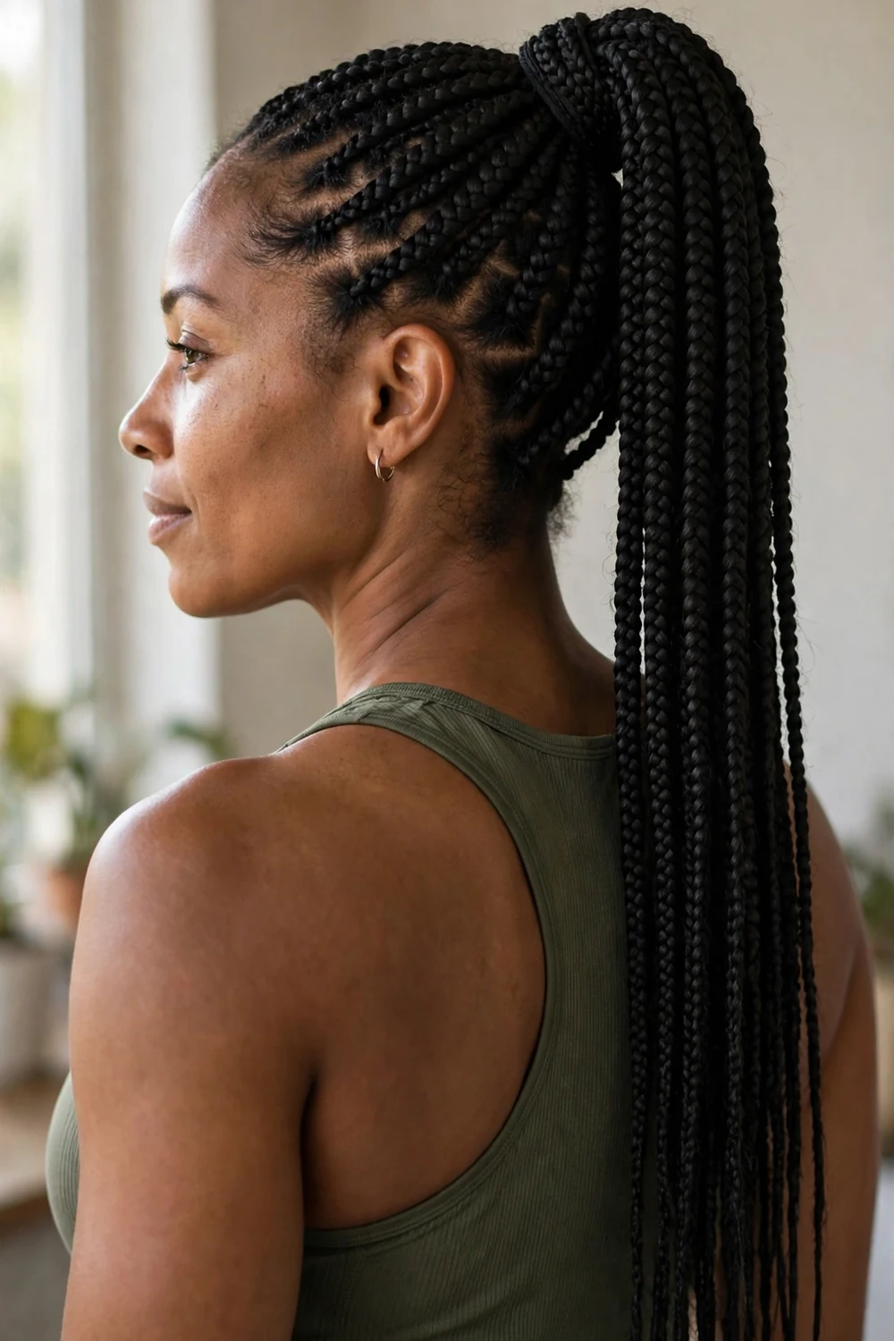 Woman with box braids pulled into a high ponytail for basketball